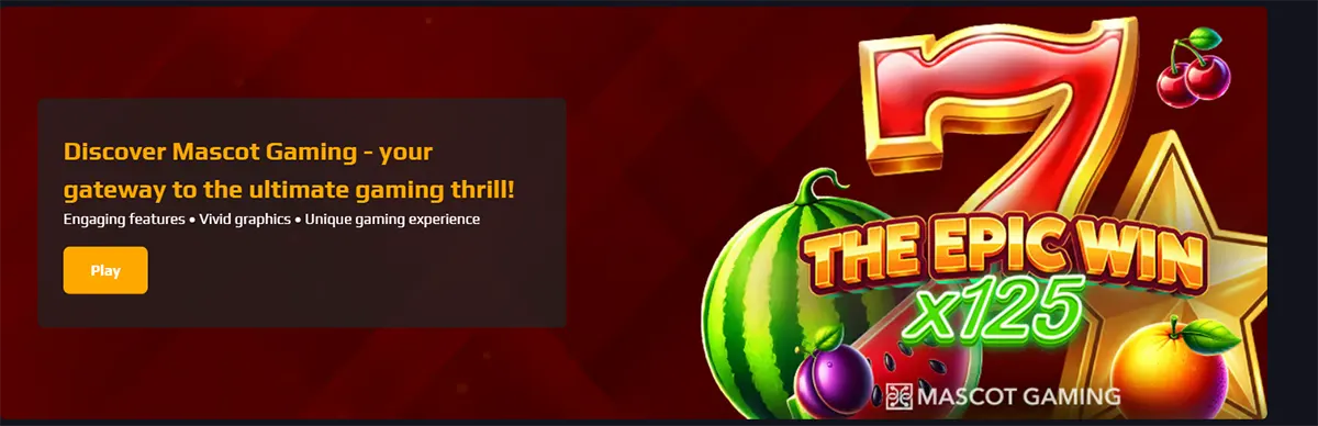 Promotional casino banner for Mascot Gaming featuring the text “The Epic Win x125,” fruit symbols, a large red number seven, and a yellow “Play” button on a red background.