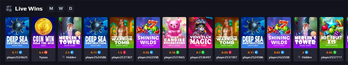 Live wins carousel showing recent slot game wins for titles like Deep Sea Destruction, Coin Win Hold the Spin, Merlin’s Tower, Warrior Tomb, Shining Wilds, Spicy Candies Rockblocks, Venetian Magic, and Hot Fruit X15, with player names and win amounts displayed below each tile.