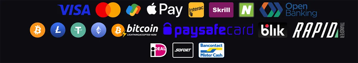 Payment methods collage featuring Visa, Mastercard, Apple Pay, Interac, Skrill, Neteller, Open Banking, Bitcoin, Litecoin, Tether, Ethereum, paysafecard, Blik, Rapid Transfer, iDEAL, Sofort, Bancontact, and Mister Cash on a dark background.