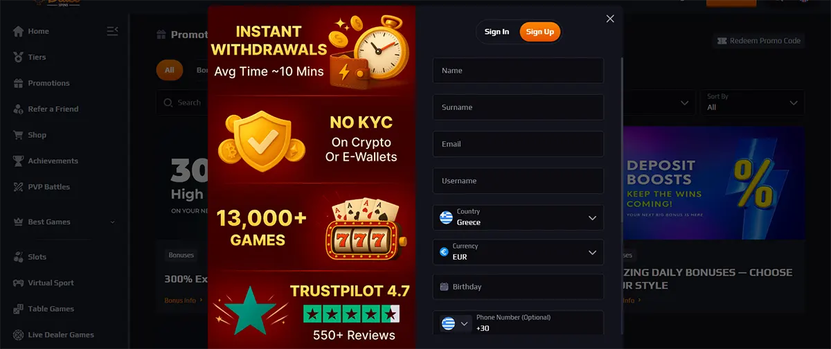 Casino sign-up popup with registration fields for name, surname, email, username, country, currency, birthday, and phone number, alongside promotional highlights for instant withdrawals, no KYC on crypto or e-wallets, 13,000+ games, and a Trustpilot rating.