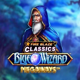 Fire Blaze Blue Wizard Megaways online game logo by Rarestone Gaming on blazespinscasinoo.com