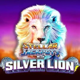 Stellar Jackpots with Silver Lion online game logo by Lightning Box Game on blazespinscasinoo.com